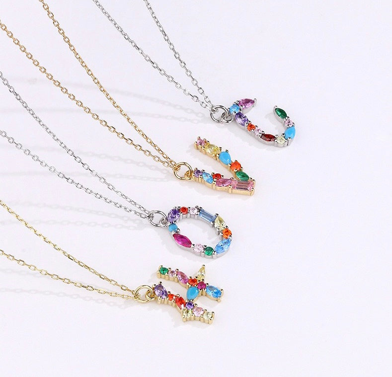 Solid S925 Silver Colorful Letter Necklace