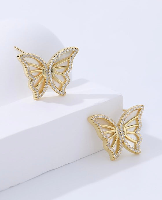 Solid S925 Silver Sparkling Butterfly Earrings