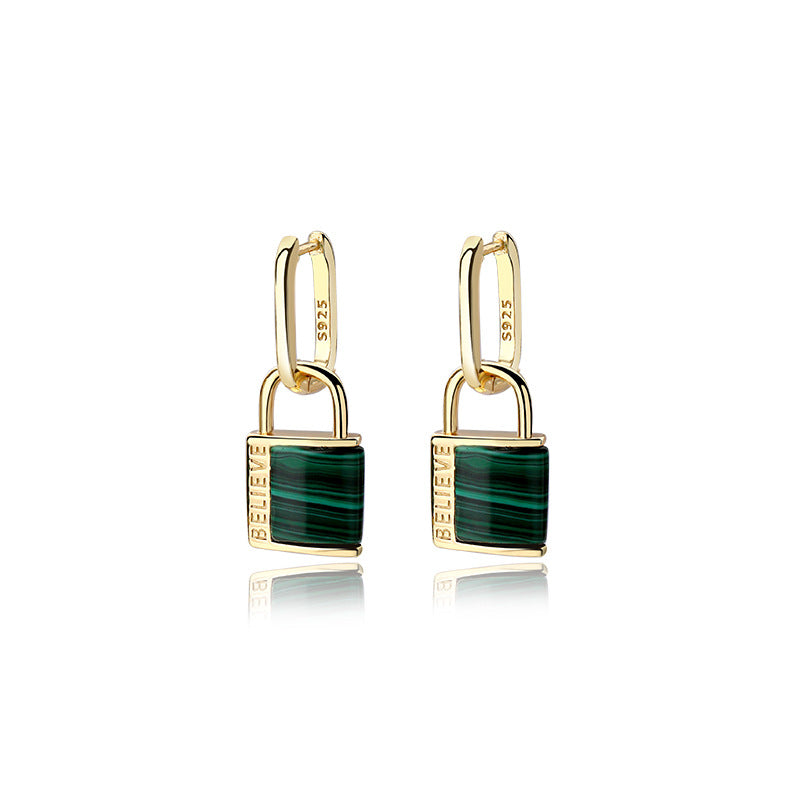 Solid S925 Silver Malachite/Black Onyx Lucky Bock Earrings