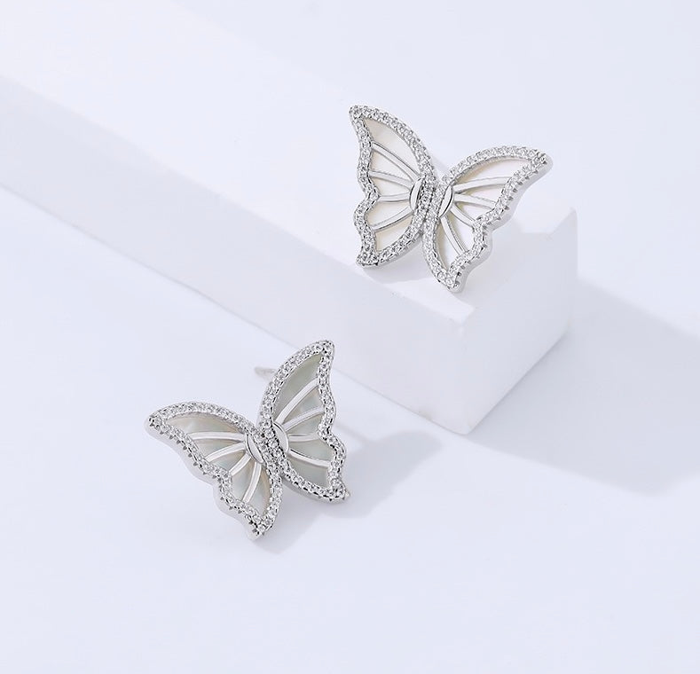 Solid S925 Silver Sparkling Butterfly Earrings