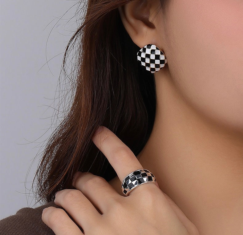 Solid S925 Silver Checkerboard Earrrings