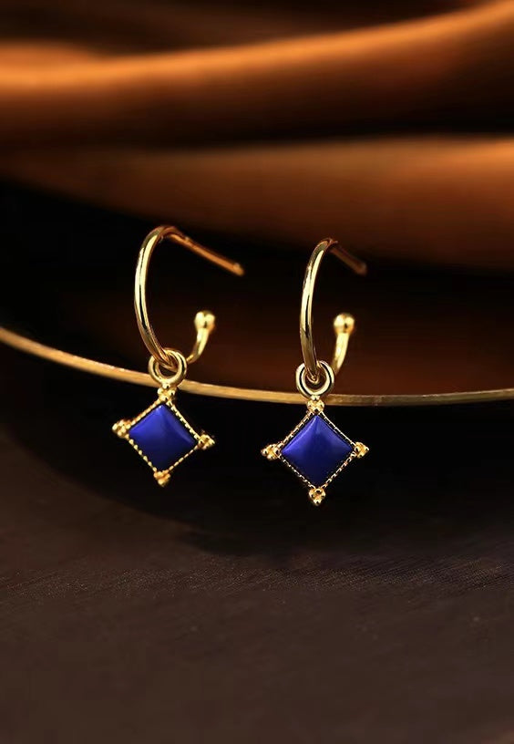 Solid S925 Silver Lapis Lazuli Square Earrings