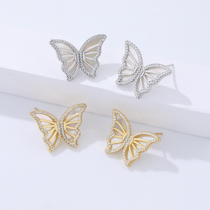 Solid S925 Silver Sparkling Butterfly Earrings